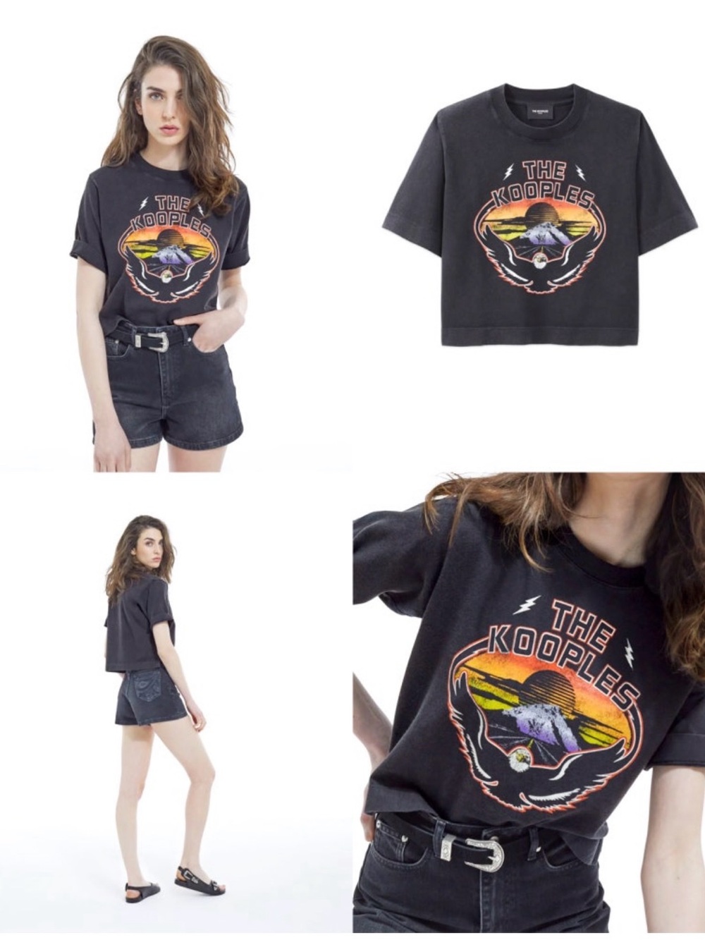 The Kooples Black Cropped Graphic Tee with Sunset Eagle